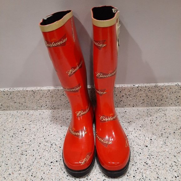 Budweiser Tall Rain Boots Size 8 Red Budweiser Logo Rubber - Picture 4 of 6